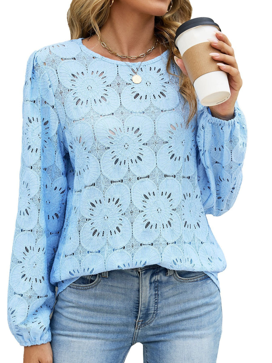 sky blue blouse with lace detail and long sleeve