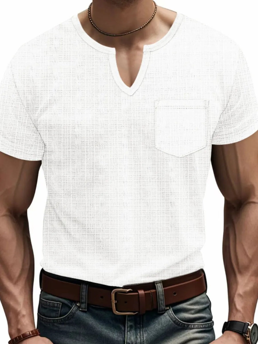 White textured notch neck t-shirt with chest pocket and short sleeves.