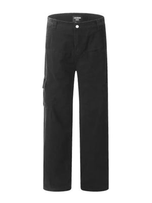Black utility cargo pants with wide legs and pleated details.