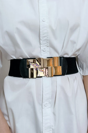 Black stretch belt with geometric gold buckle accent