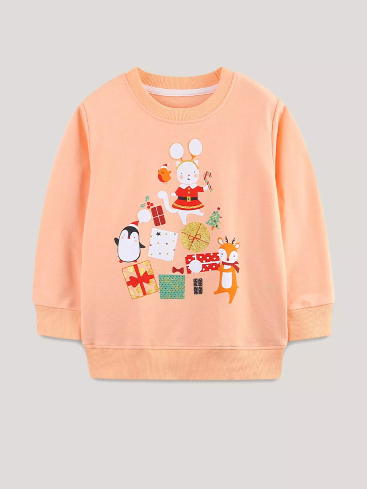 Children's peach cotton sweatshirt with festive holiday print featuring a cat, penguin, deer, and presents.