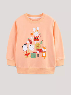 Children's peach cotton sweatshirt with festive holiday print featuring a cat, penguin, deer, and presents.