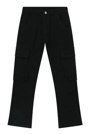 Black denim utility trousers with cargo pockets and a straight leg fit.