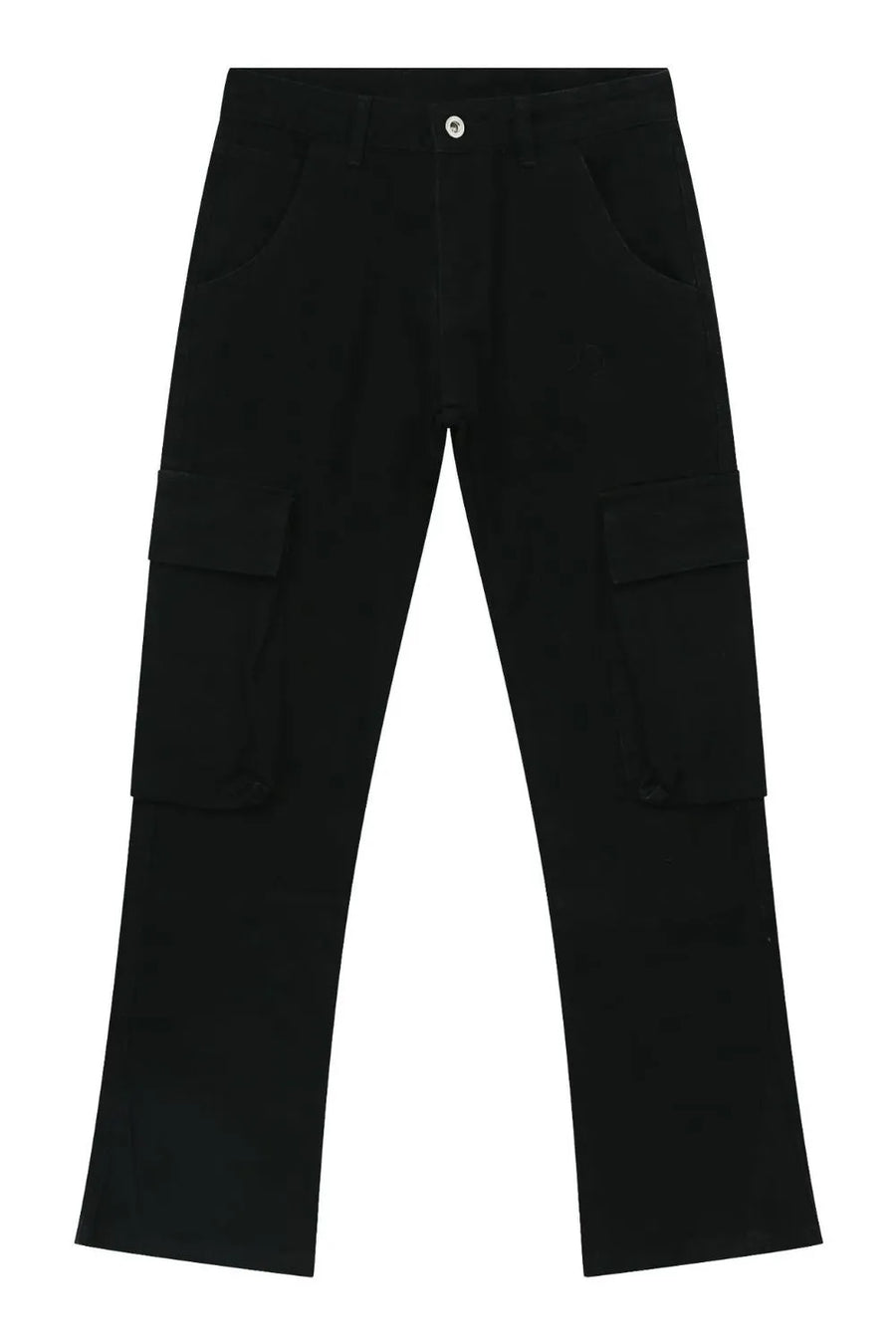 Black denim utility trousers with cargo pockets and a straight leg fit.
