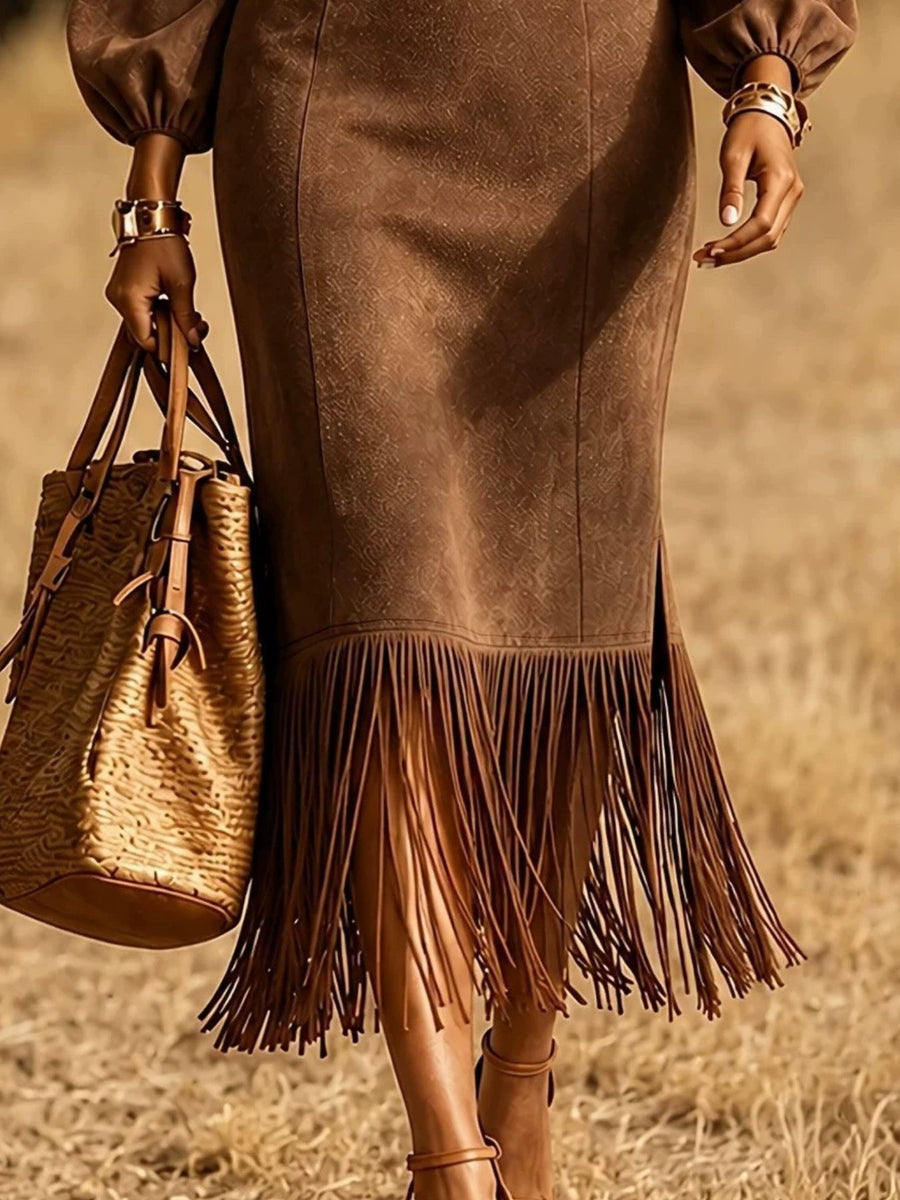 Khaki midi dress featuring fringe hem and subtle abstract