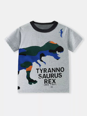 Gray t-shirt with a blue and green Tyrannosaurus Rex graphic and text.