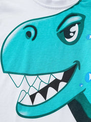 White t-shirt with a teal dinosaur graphic, featuring sharp teeth and a playful expression.