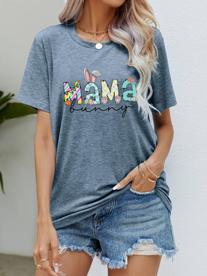 Misty Blue Mama Bunny graphic maternity t-shirt with colorful Easter-themed letters and bunny ears.