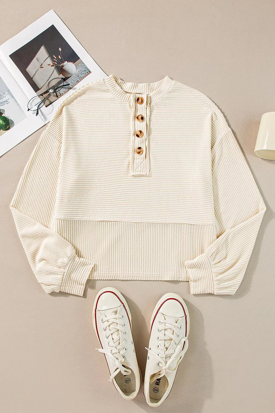 Corded Texture Lantern Sleeve Henley Sweatsuit option 8