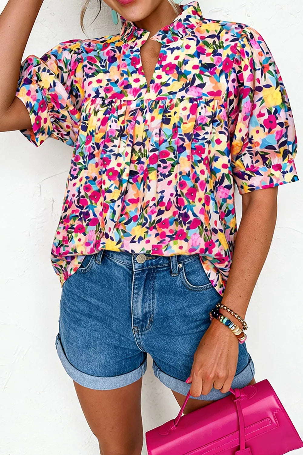 Flower Print Frilled Collar Puff Sleeve Blouse