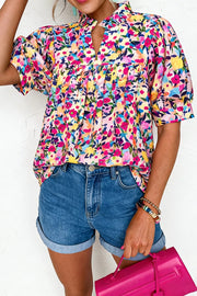 Flower Print Frilled Collar Puff Sleeve Blouse