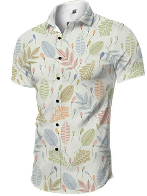 Printed short-sleeve resort shirt in beige with a pastel leaf and bud pattern.