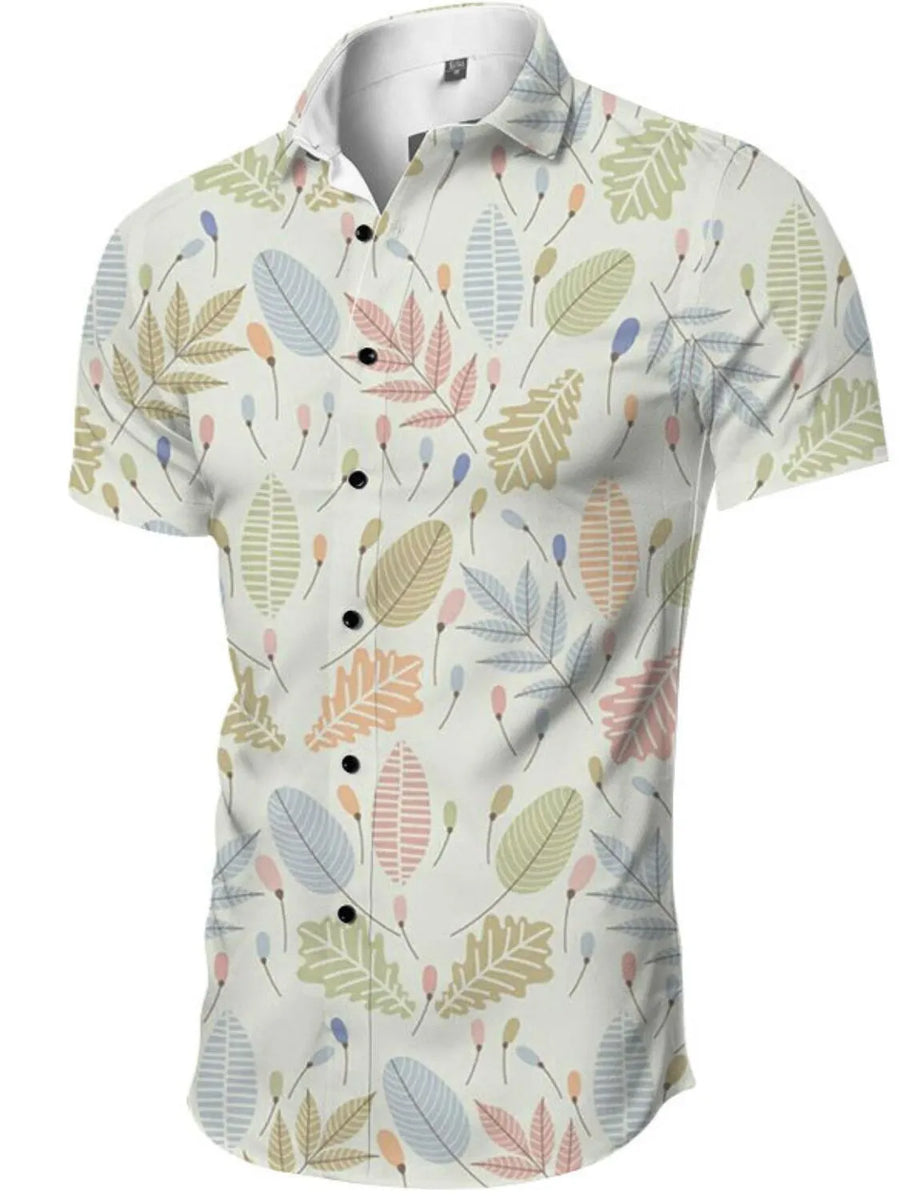 Printed short-sleeve resort shirt in beige with a pastel leaf and bud pattern.