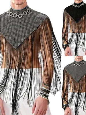 Embellished collar fringe overlay top in black and gray with chain detail and sheer sleeves.