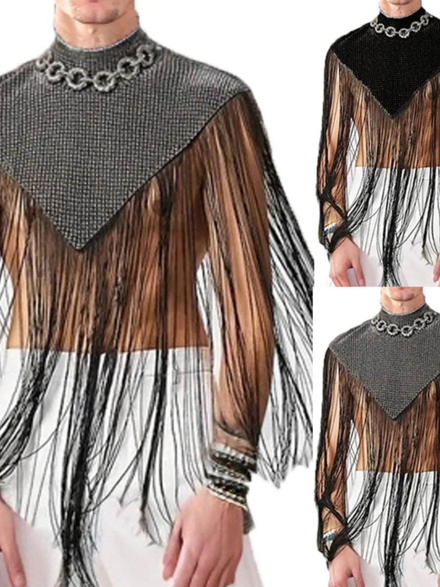 Embellished collar fringe overlay top in black and gray with chain detail and sheer sleeves.