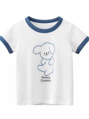 White short sleeve t-shirt with blue trim and a blue cartoon dog graphic.