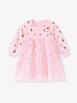 Blush Pink fit-and-flare dress featuring embroidered and Christmas print