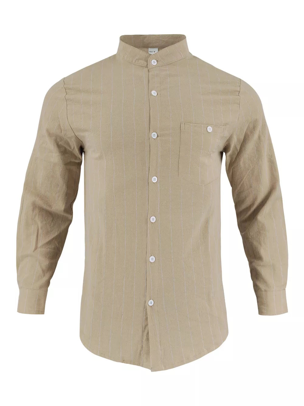 Tan linen-blend button-up shirt with subtle vertical pinstripes and band collar.