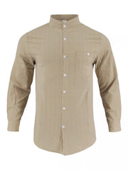 Tan linen-blend button-up shirt with subtle vertical pinstripes and band collar.