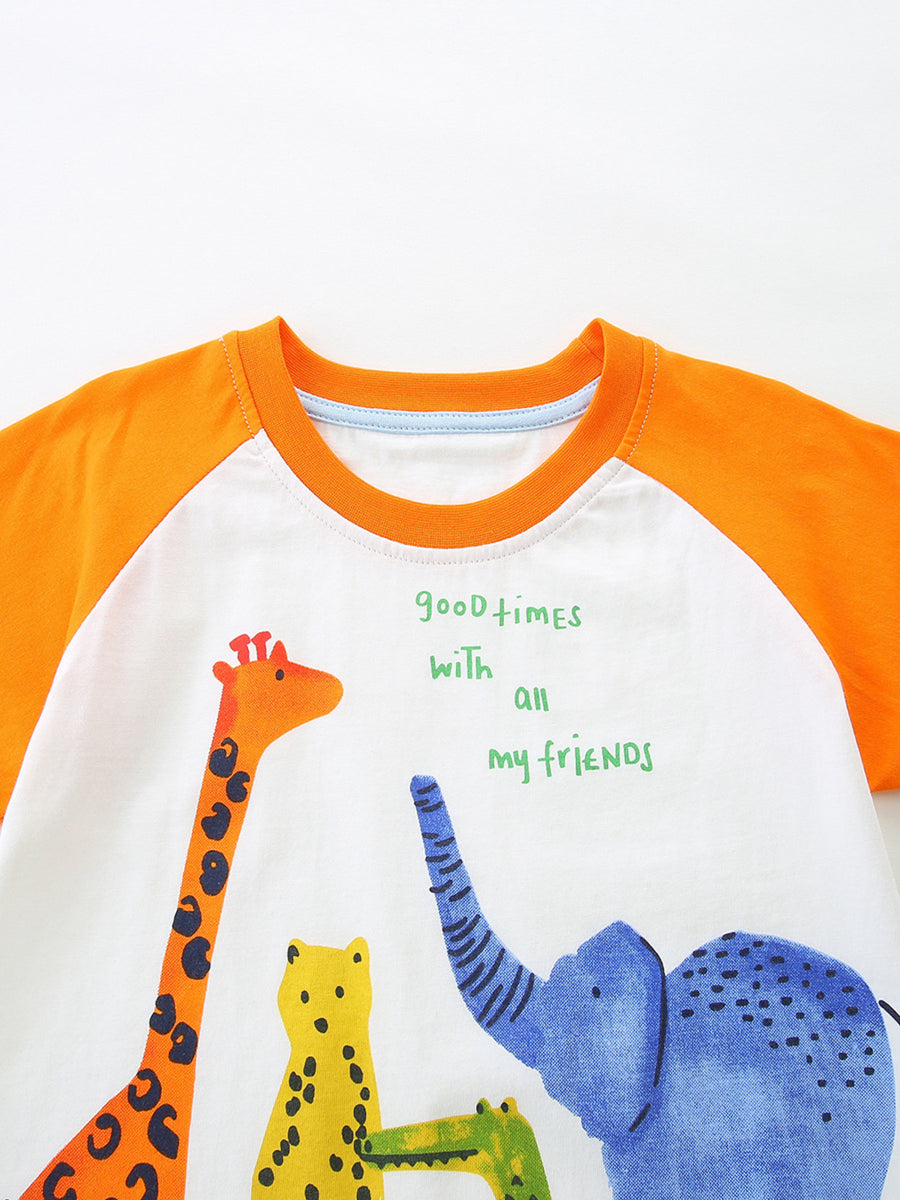White cotton baby tee with orange raglan sleeves and animal graphic.