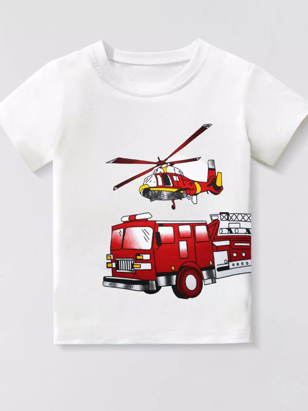 White t-shirt with red fire truck and helicopter graphic print