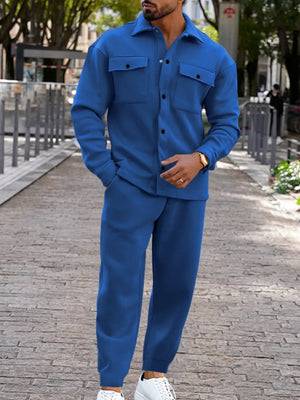 Men's Long-sleeve Shirt And Joggers Set Plus Size in Light Blue with pocketed