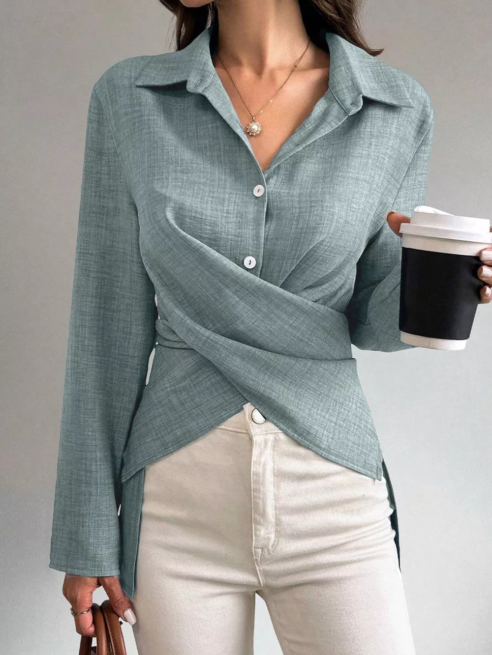 Apricot blouse with criss-cross front and long sleeve