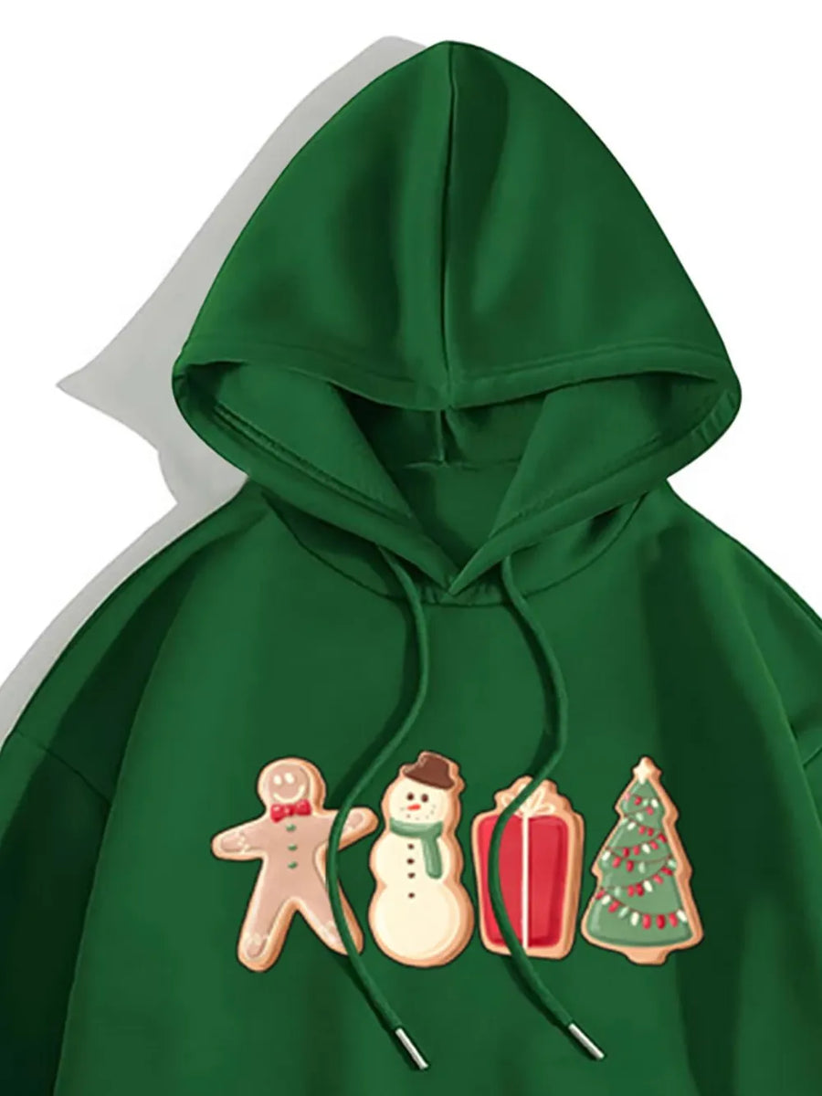 Green hoodie with gingerbread man, snowman, gift, and Christmas tree cookie graphics.