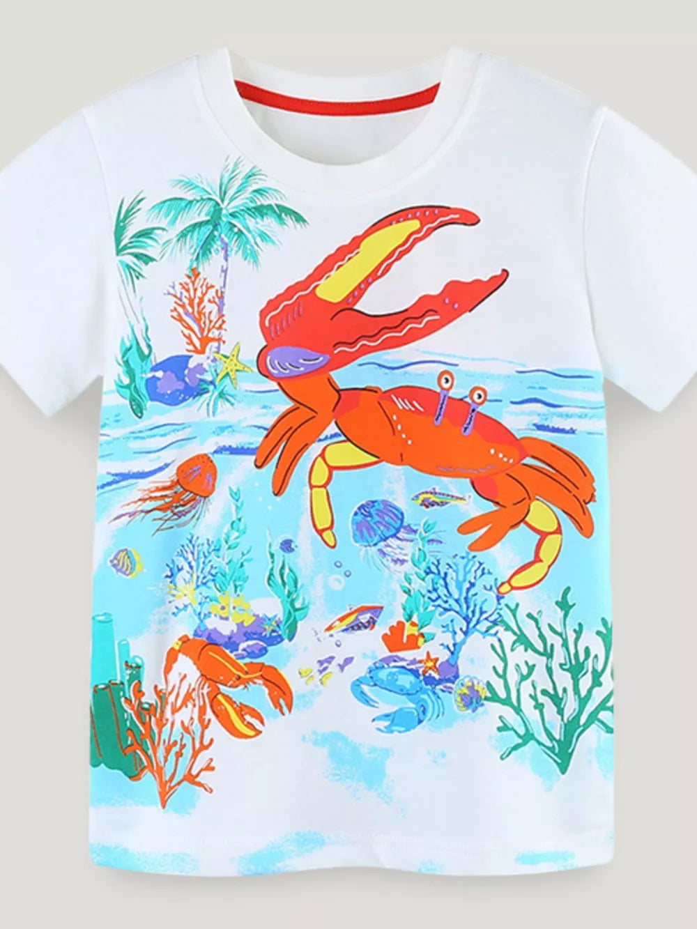 White cotton crew neck t-shirt with colorful underwater scene featuring crabs, jellyfish, coral, and palm trees.