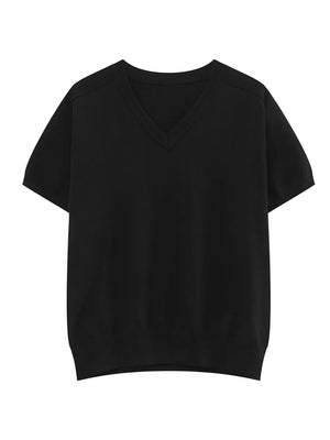 Black V-neck knit t-shirt for men with short sleeves and a refined neckline.