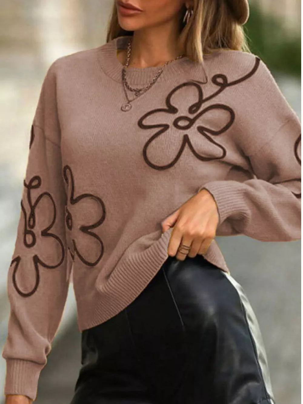 Flower Dropped Shoulder Sweater in Black with dropped shoulder