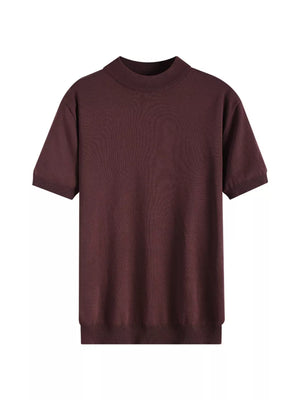 Men's brown knit mock neck t-shirt with short sleeves and ribbed hem.