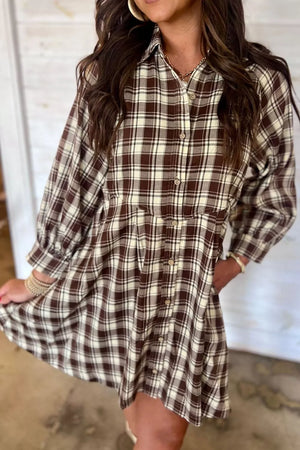 mini dress in cream with plaid and buttoned