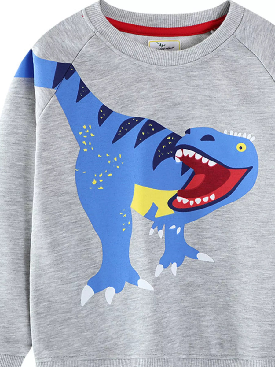 Light gray crew neck sweatshirt with a blue dinosaur graphic and red trim.