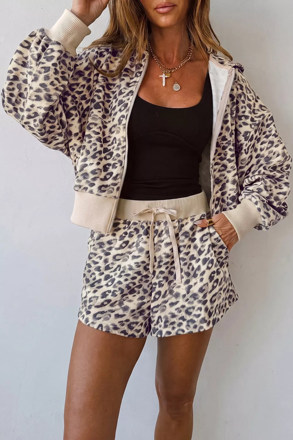 cream lounge set with leopard-print and hooded
