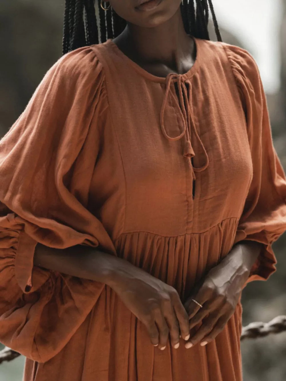 Amber tie-neck midi dress with puff sleeves and gathered skirt