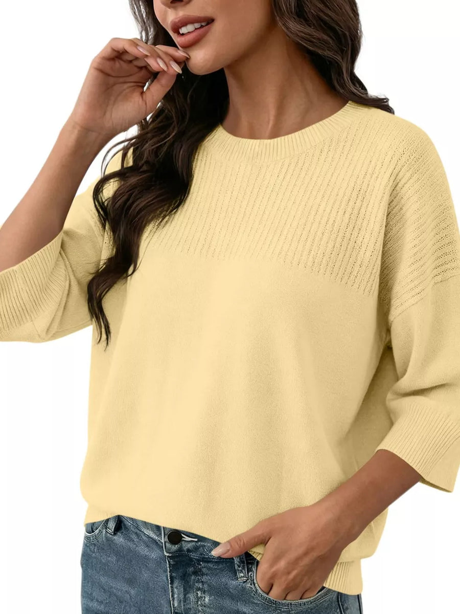 Apricot Elegant Crew Neck Eyelet Ribbed Sweater