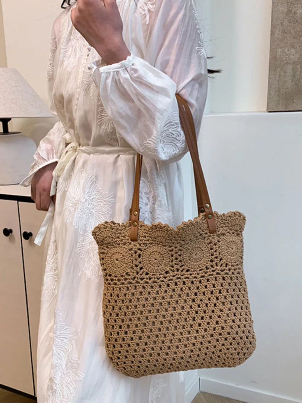 tote in Khaki with crochet and crochet knit