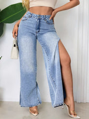 High-waisted Wide-leg Jeans With Side Slits in Blue