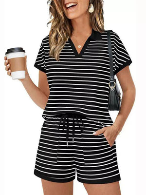 Black and white striped polo shirt and drawstring shorts loungewear set with pockets.