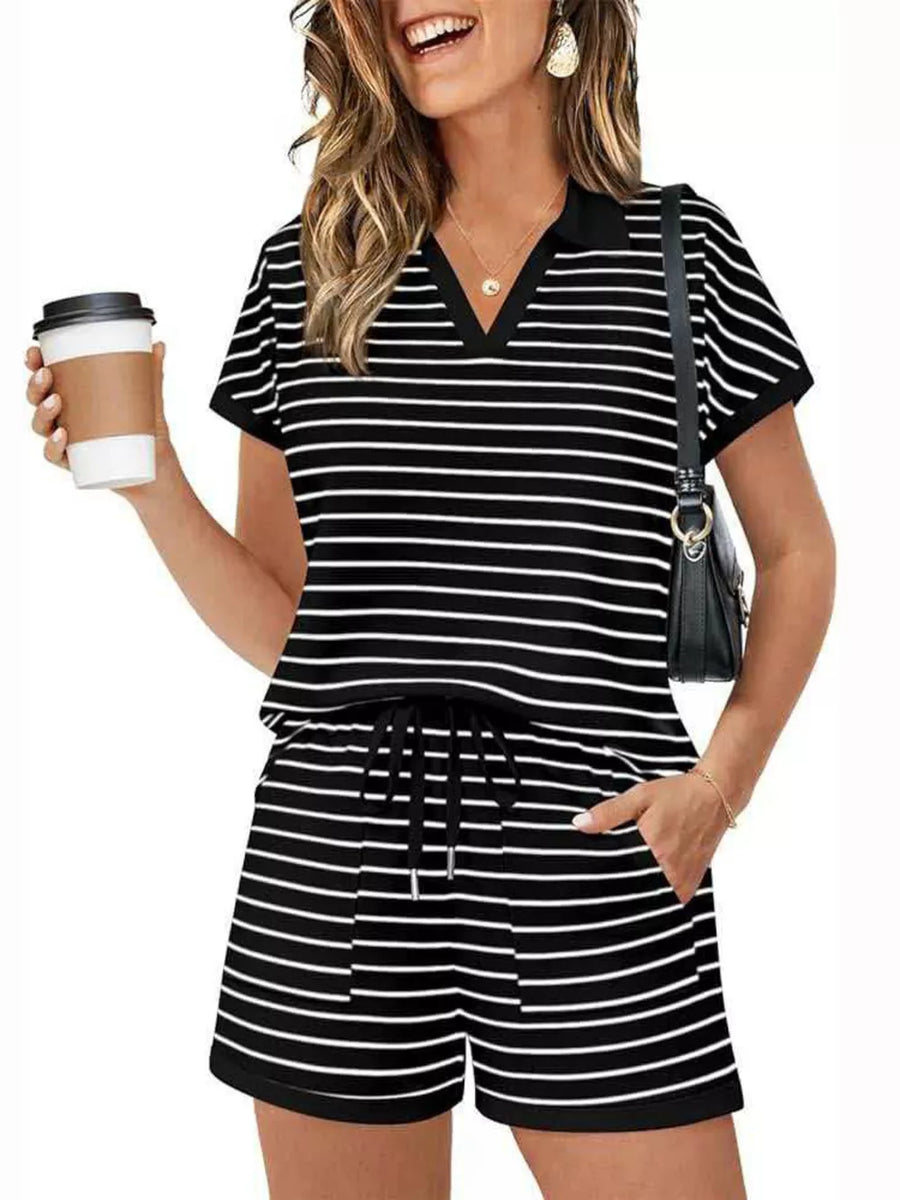 Black and white striped polo shirt and drawstring shorts loungewear set with pockets.
