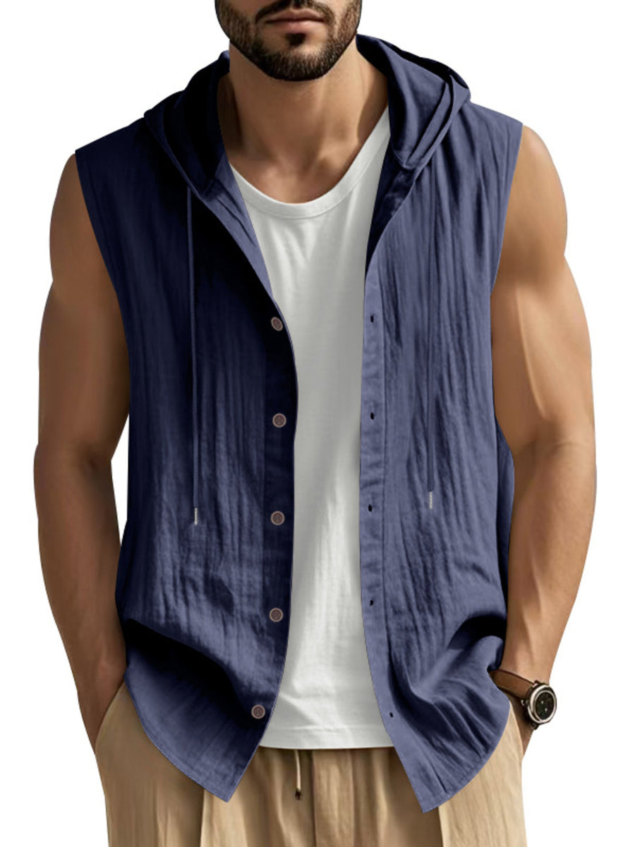 Navy blue casual hooded sleeveless men's shirt with button front and drawstring hood.