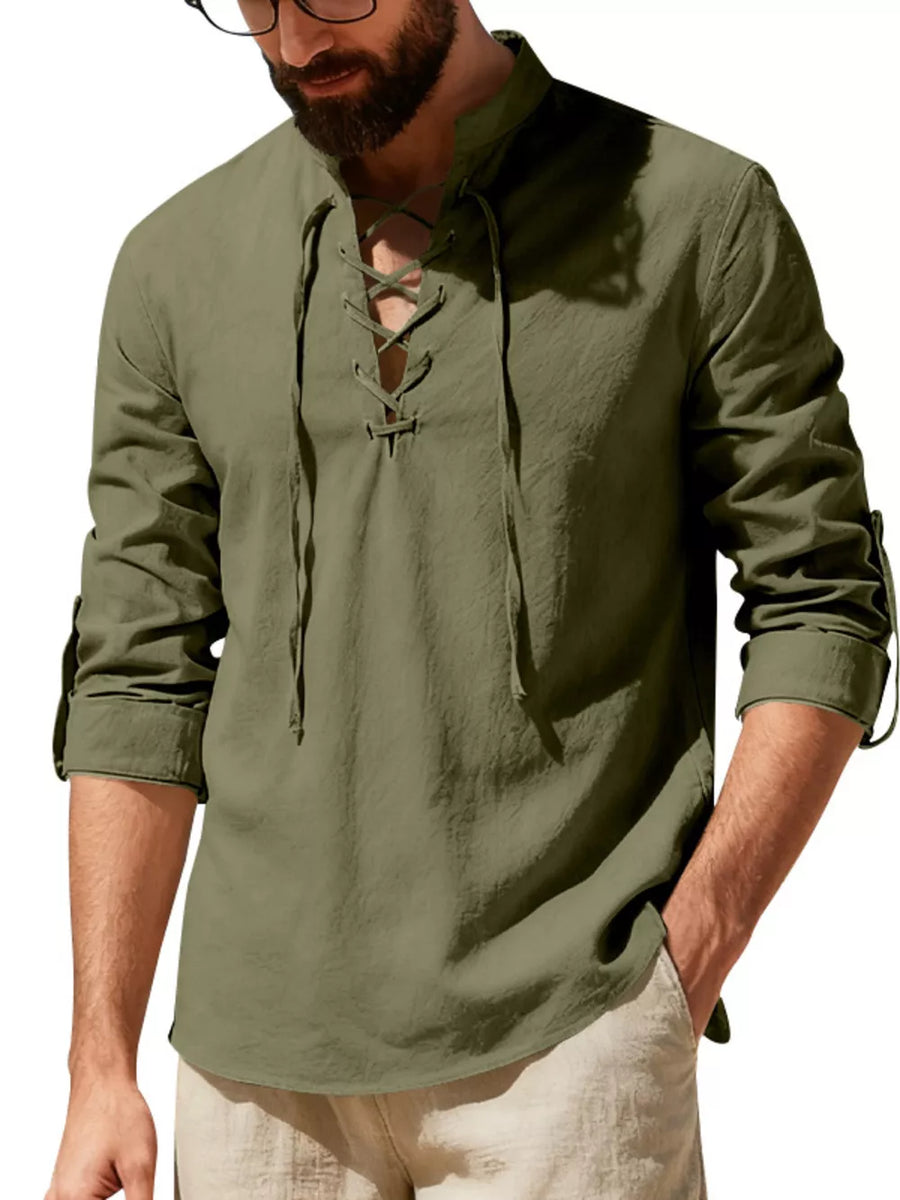 Men's army green lace-up casual linen shirt with rolled sleeves.