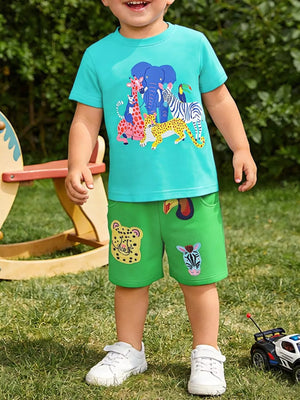 Toddler boys' cotton tee and shorts set with jungle animal print and patches.
