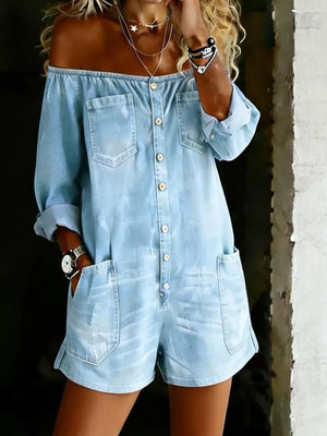 Light wash denim off-the-shoulder romper with button front and chest pockets.