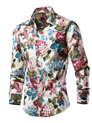 Men's long sleeve button-down shirt in cream with a vibrant floral print.