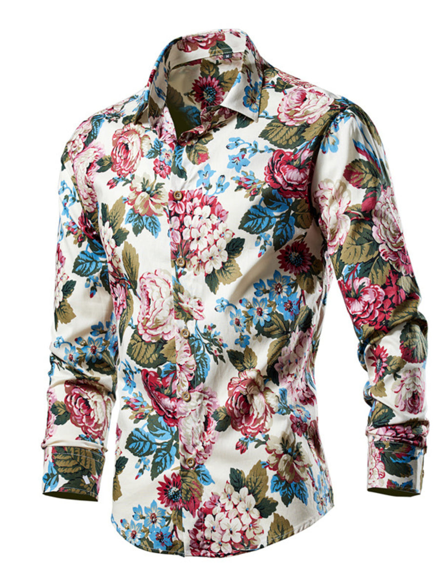 Men's long sleeve button-down shirt in cream with a vibrant floral print.