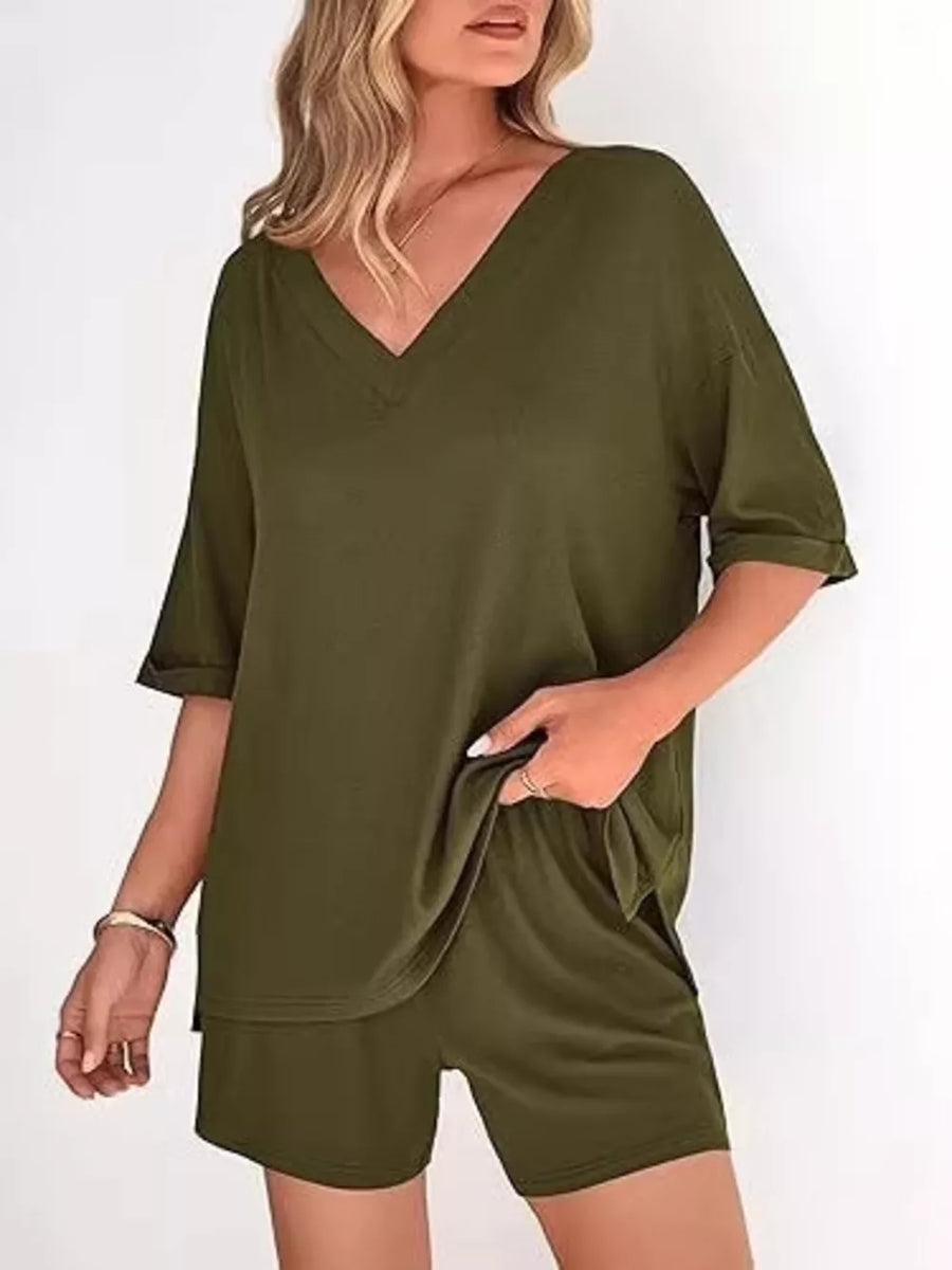 Wine Red Solid Color V-neck And Shorts Set