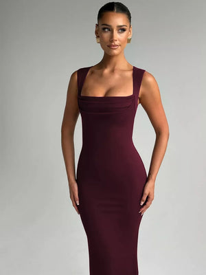 Bodycon maxi dress in wine red with square neckline and draped detail.