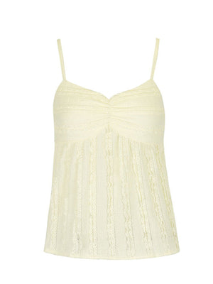 Light yellow textured sweetheart neck cami top with ruched detail and lace trim.